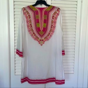 Cool and Comfy Cotton Tunic/Coverup of White, Pink, and Green.